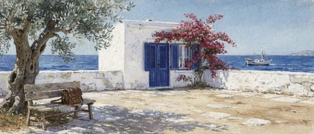 Gouache painting of a whitewashed Greek island schoolyard with blue shutters, an olive tree, bougainvillea and a satchel on a bench by the sea