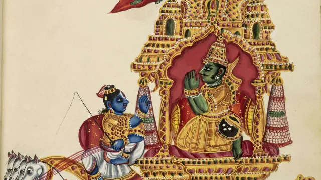 Krishna on a chariot instructing the warrior Arjuna