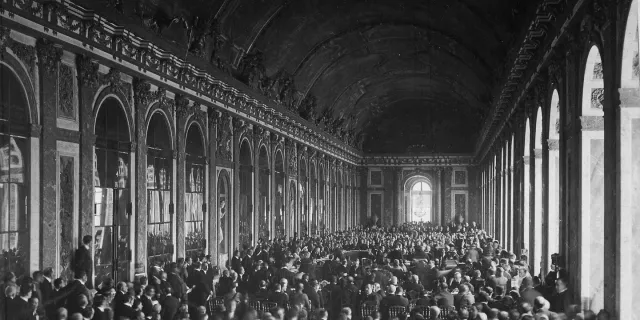 The signing of the Treaty of Versailles in the Hall of Mirrors, 1919