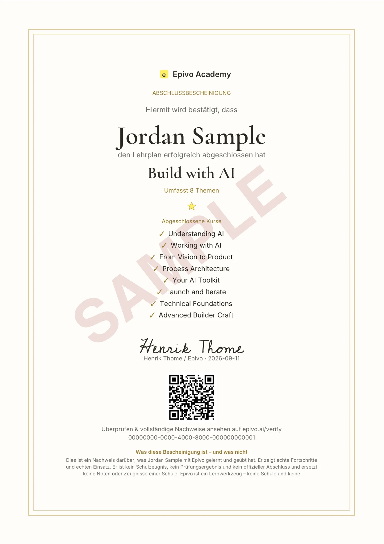 Screenshot des echten Epivo-Beispielzertifikats von Jordan Sample für Build with AI